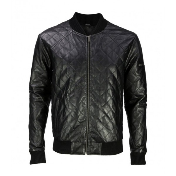 BLACK LAMBSKIN LEATHER QUILTED VARSITY JACKET 